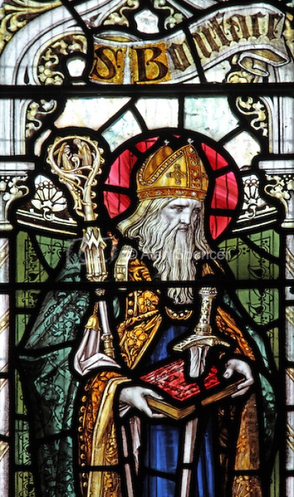 A stained glass window depicting Saint Boniface, Parish Church of St Mary, Luxborough, Somerset