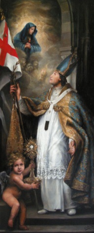 St Norbert gives England to Our Lady of Sorrows. It was painted in Oxford by the young and talented artist Alvin Ong 2014
