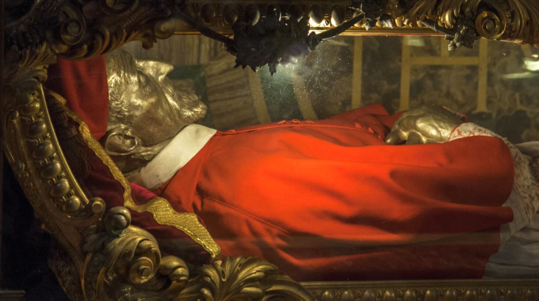 This is his relic, lying enshrined beneath an altar in the church of Sant' Ignazio in Rome.