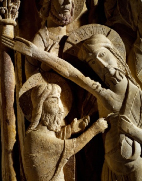 The doubting of St Thomas, detail from pillar of St Dominic's monastery, Silos, Spain, 11th-12th century